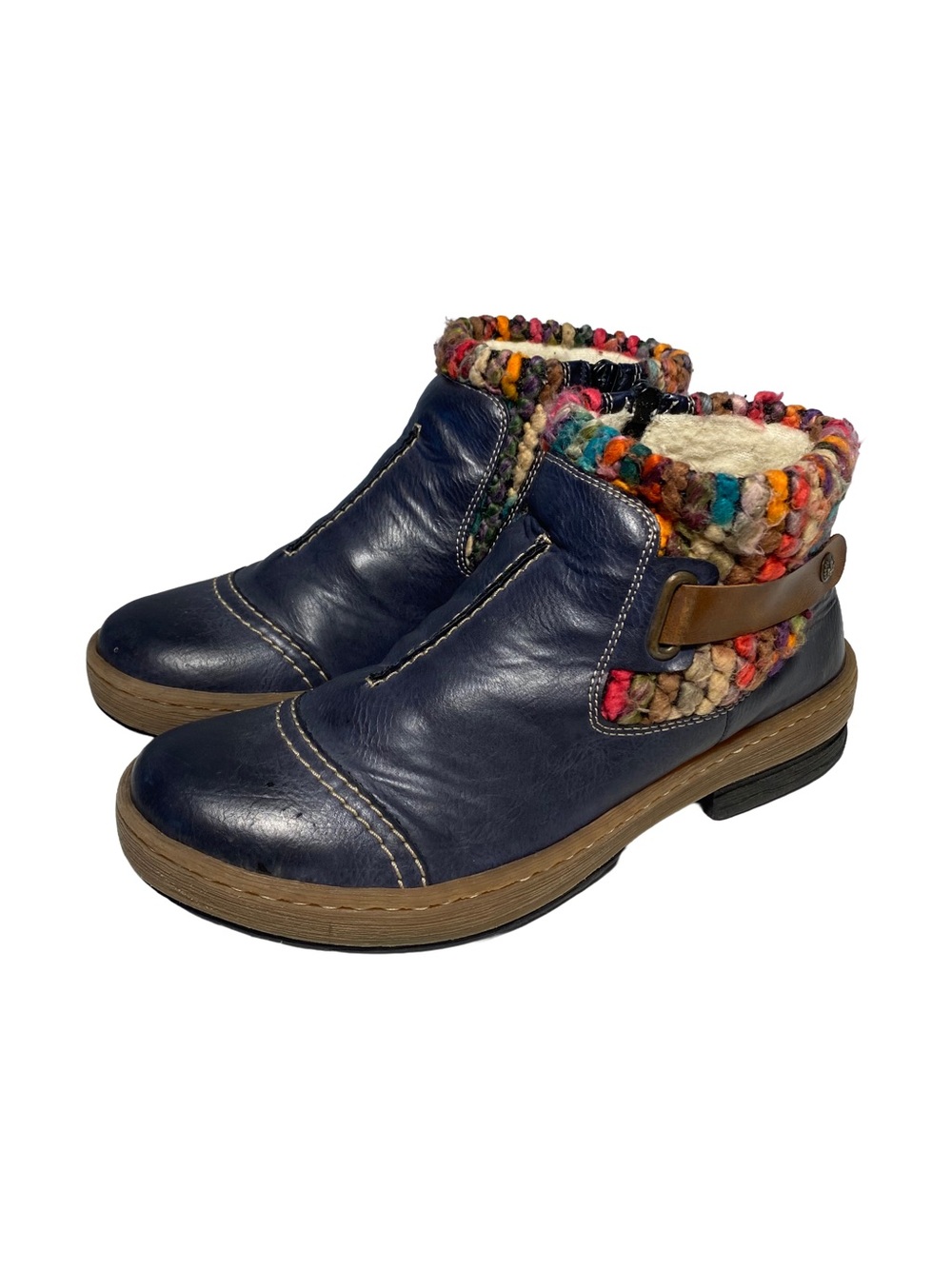 Rieker | Navy Leather Ankle Boots with Multicolor Knit Cuff